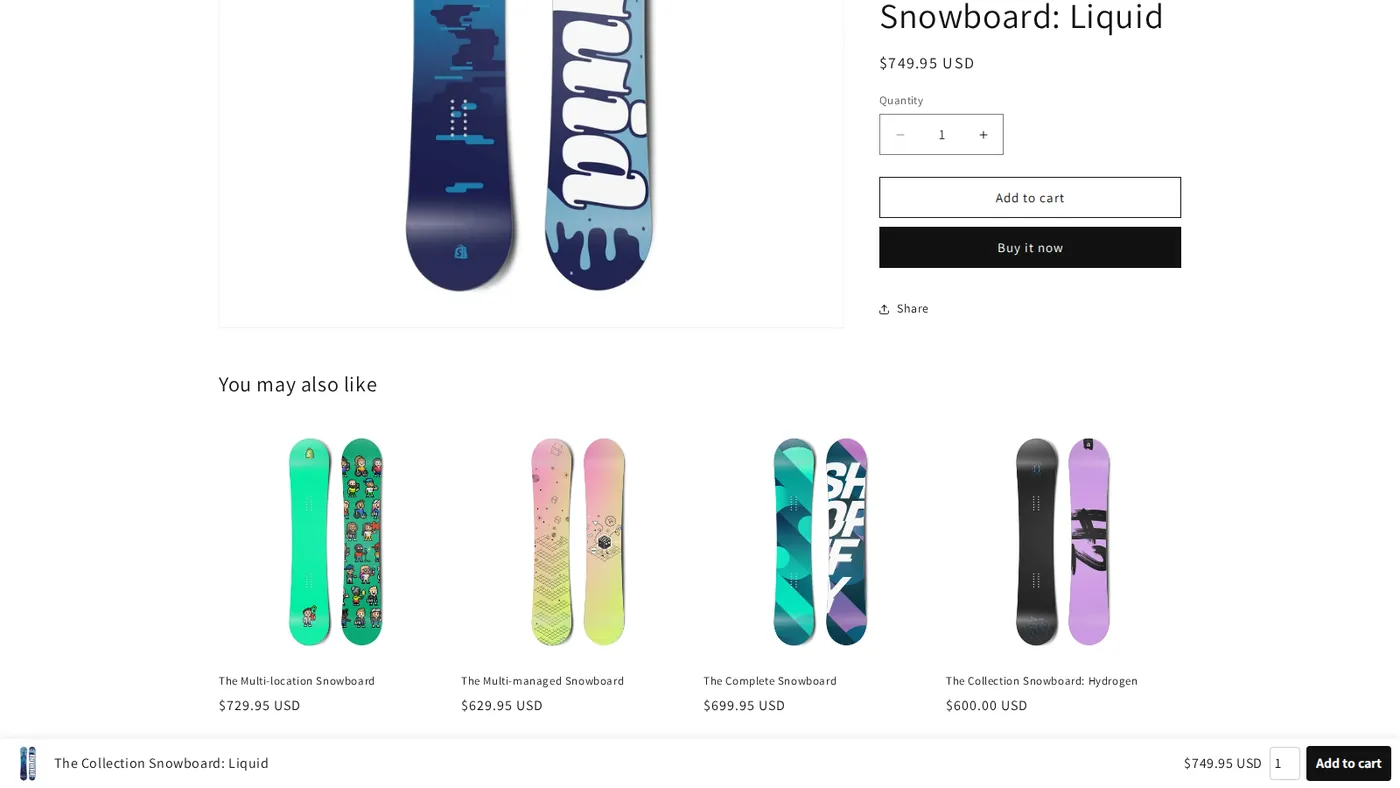 A Shopify product page with the sticky add-to-cart bar at the bottom showing product, price, quantity and an Add to cart button.